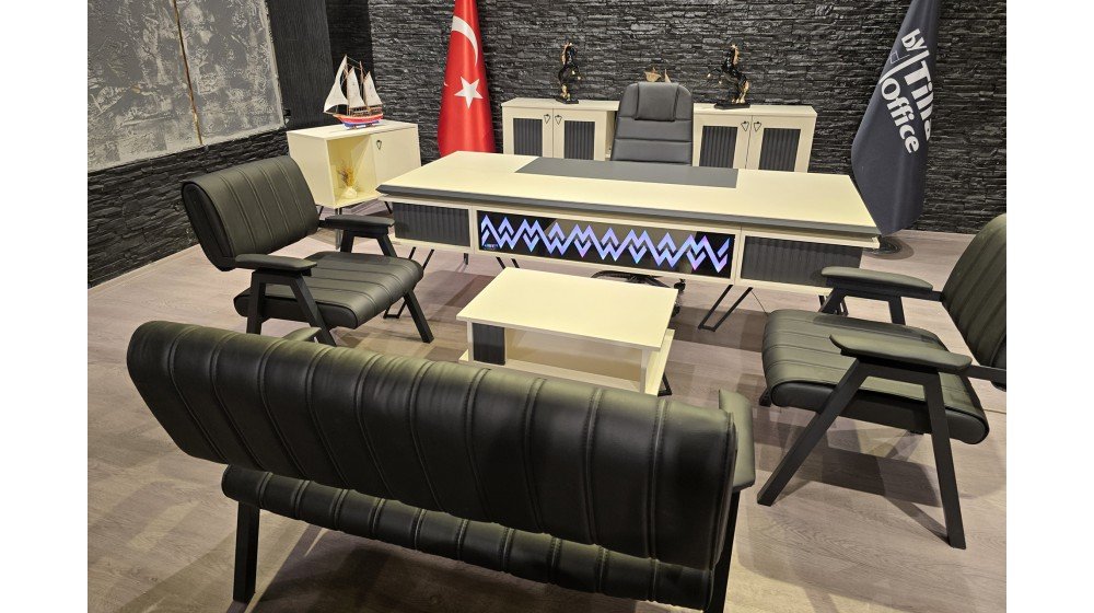 Tilia Benay modern yönetici ofis paketi; LED ışıklı suntalam masa takımı, KNY makam koltuğu ve Lazer bekleme grubu dahil.